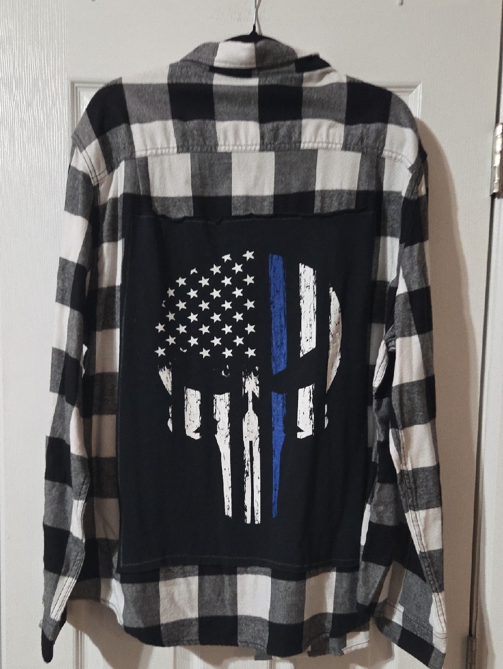 George Black and White Plaid Flannel Shirt With The Punisher Sewn On The Back